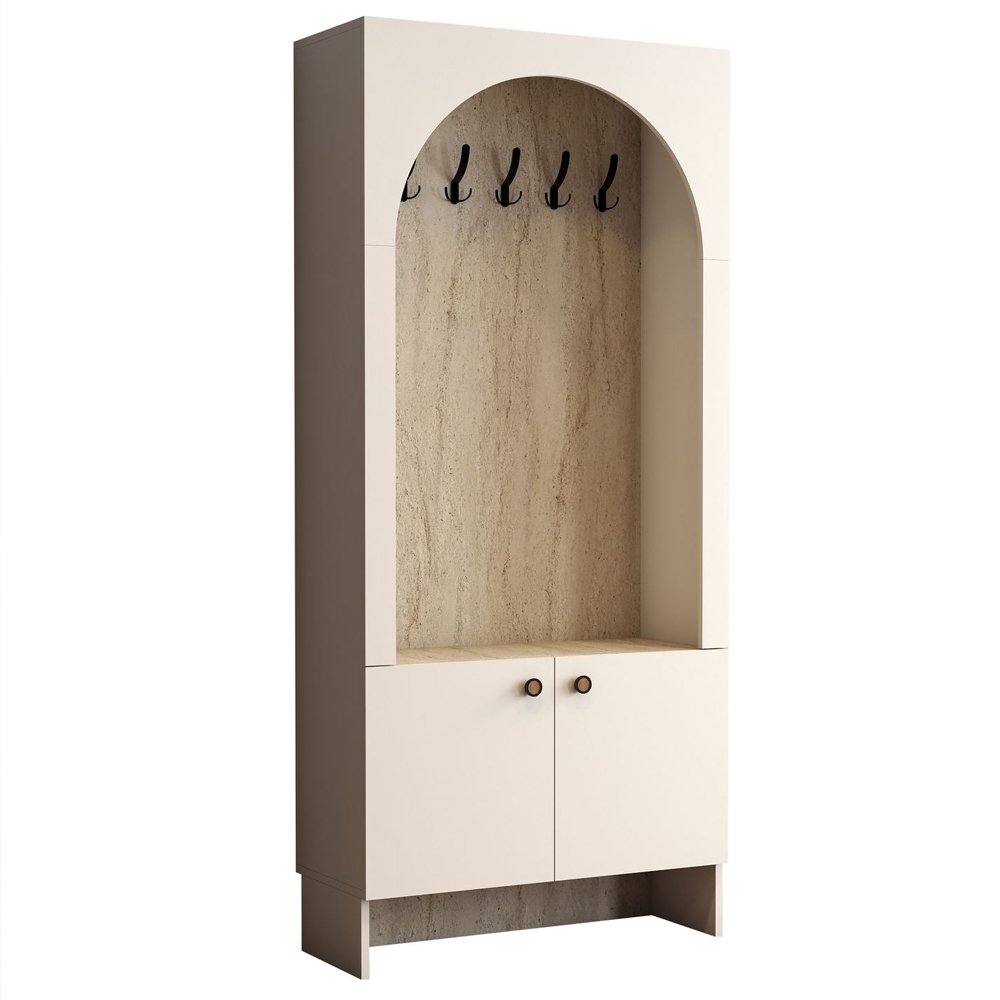 Nordo Wooden Coat Stand with Storage in Cream and Travertine Marble Effect