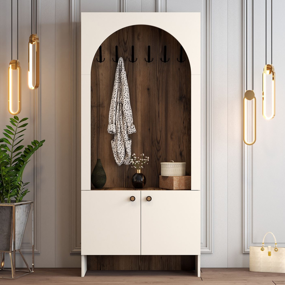 Nordo Wooden Coat Stand with Storage in Cream and Walnut