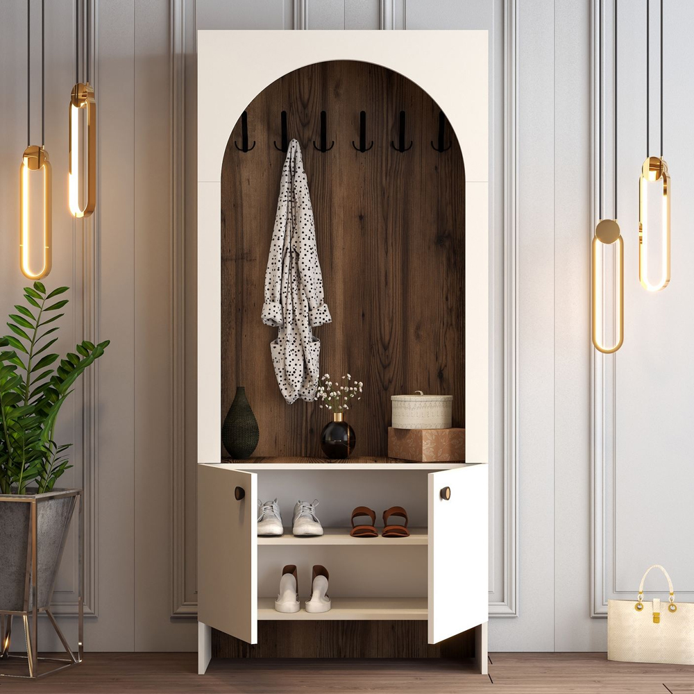 Nordo Wooden Coat Stand with Storage in Cream and Walnut