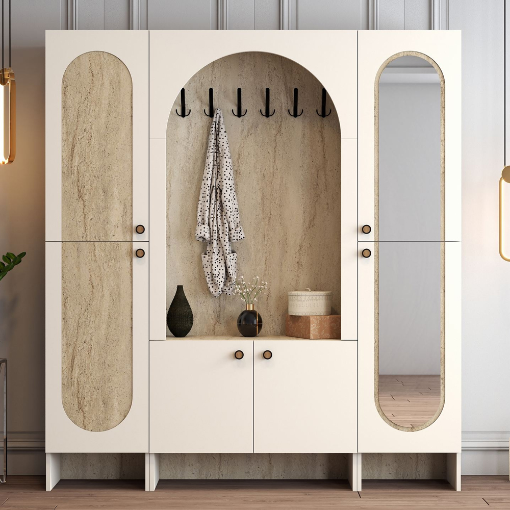 Nordo Wooden Hallway Funiture with Mirror in Cream and Travertine Marble Effect