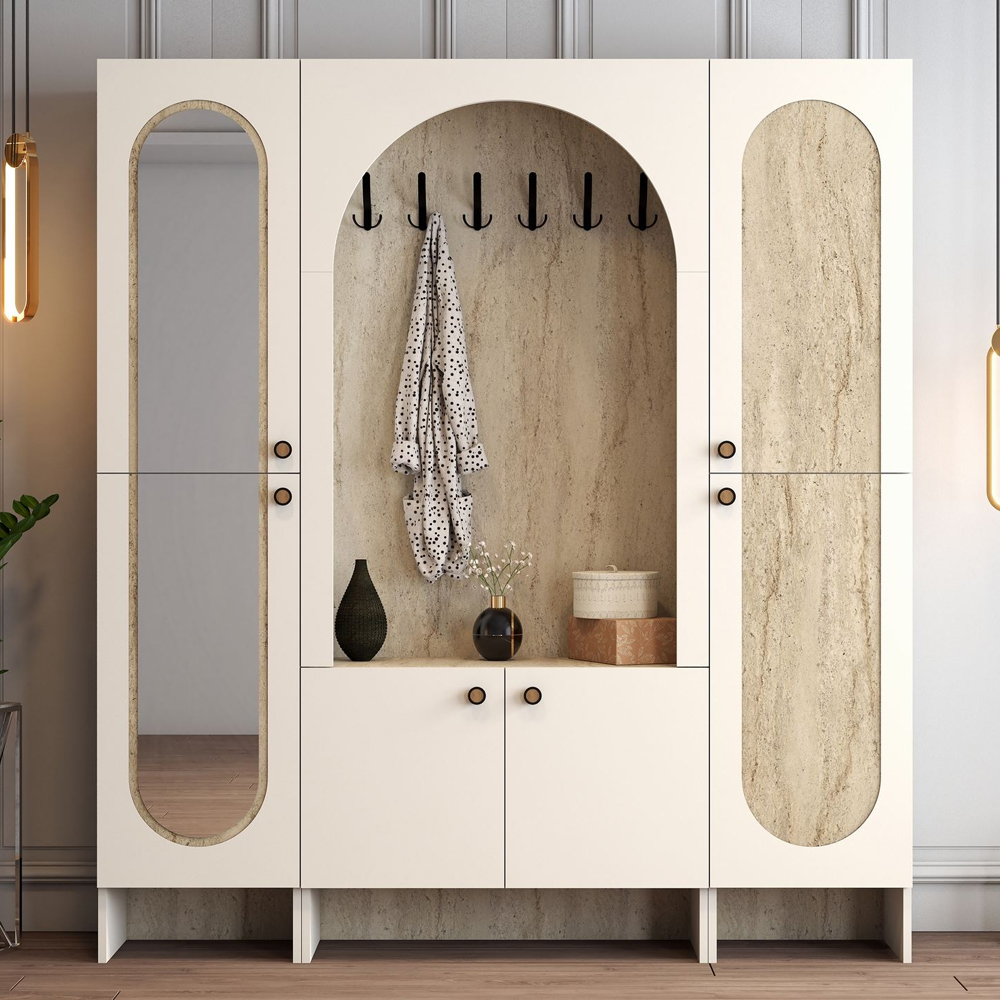 Nordo Wooden Hallway Funiture with Mirror in Cream and Travertine Marble Effect