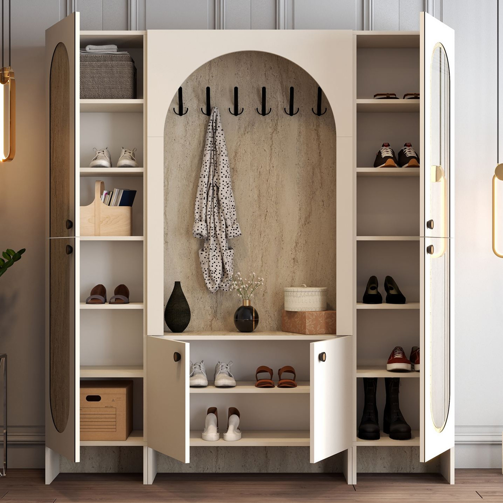 Nordo Wooden Hallway Funiture with Mirror in Cream and Travertine Marble Effect