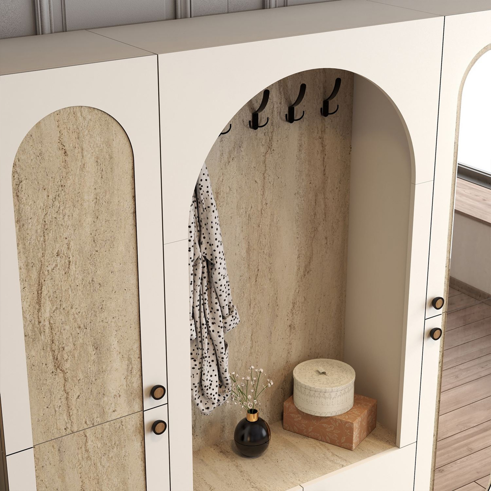 Nordo Wooden Hallway Funiture with Mirror in Cream and Travertine Marble Effect