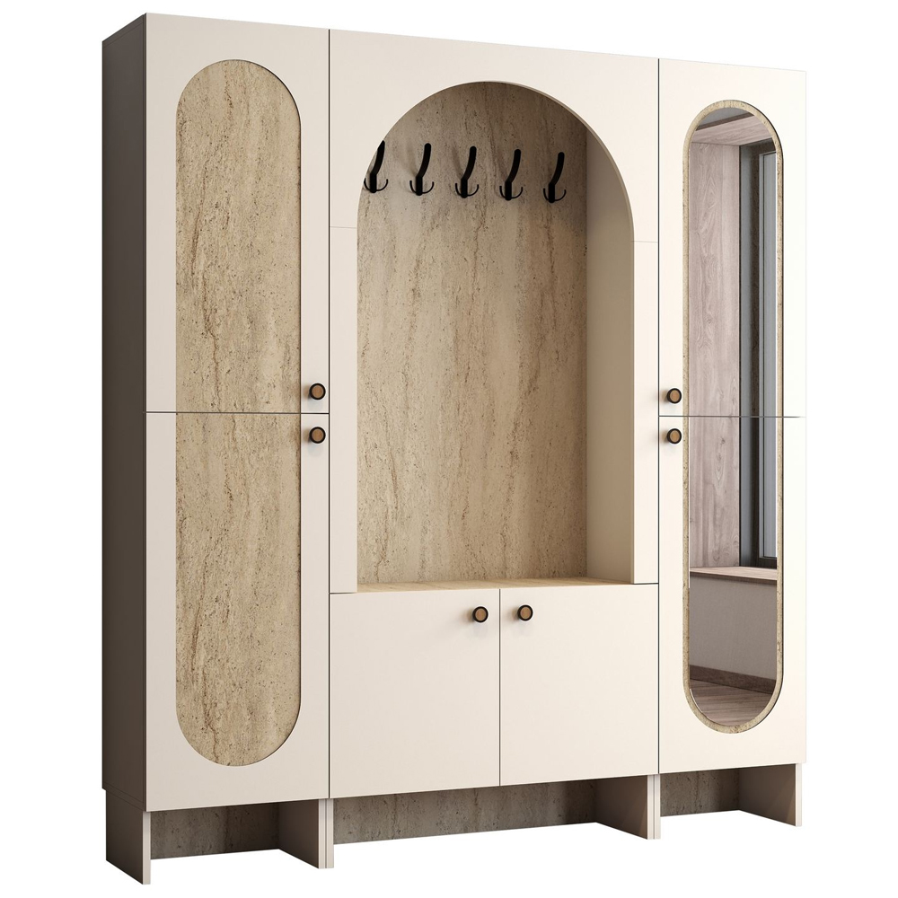 Nordo Wooden Hallway Funiture with Mirror in Cream and Travertine Marble Effect