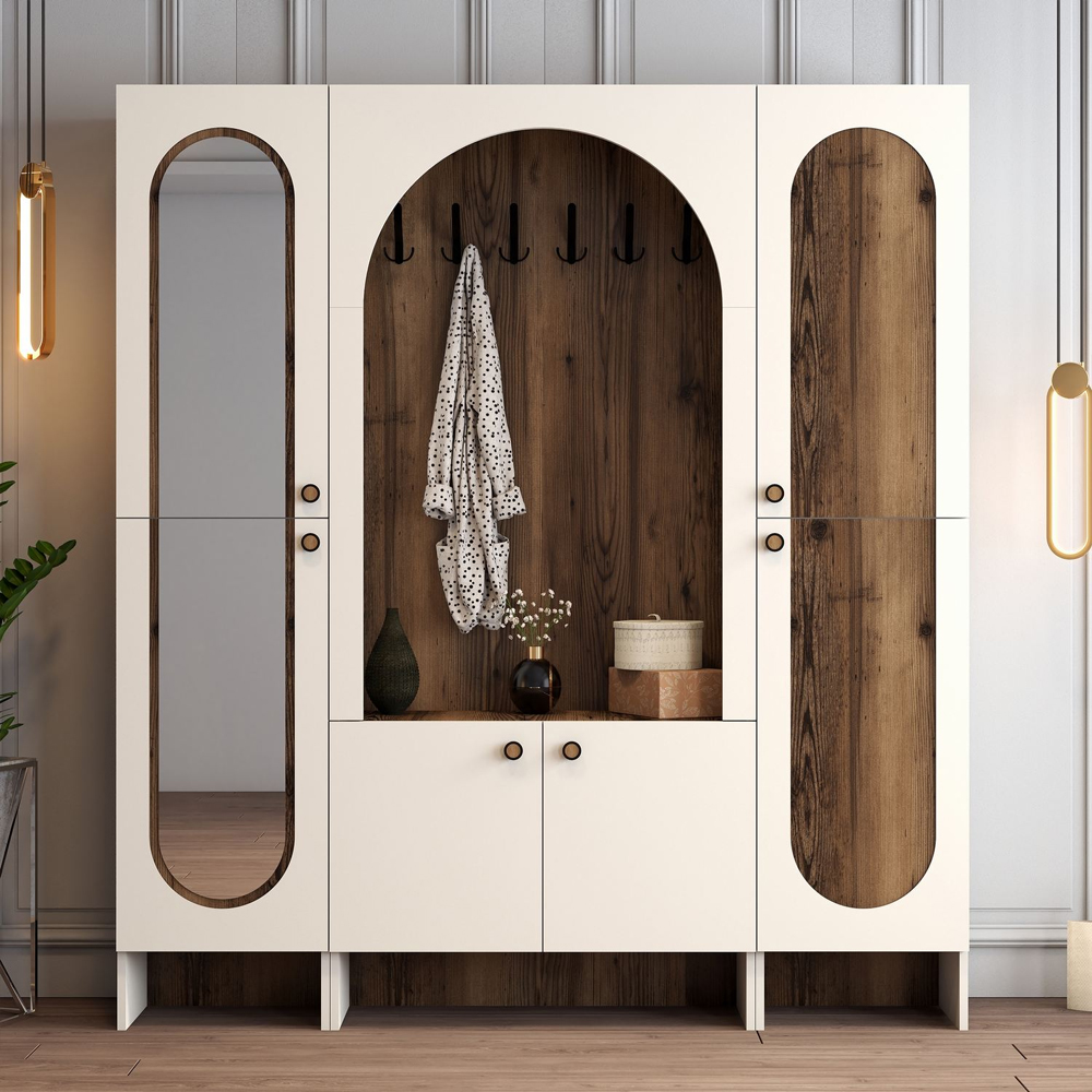 Nordo Wooden Hallway Funiture with Mirror in Cream and Walnut
