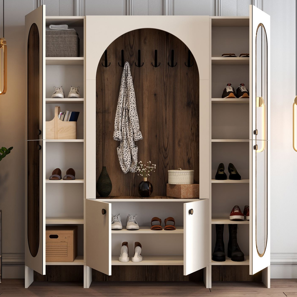 Nordo Wooden Hallway Funiture with Mirror in Cream and Walnut