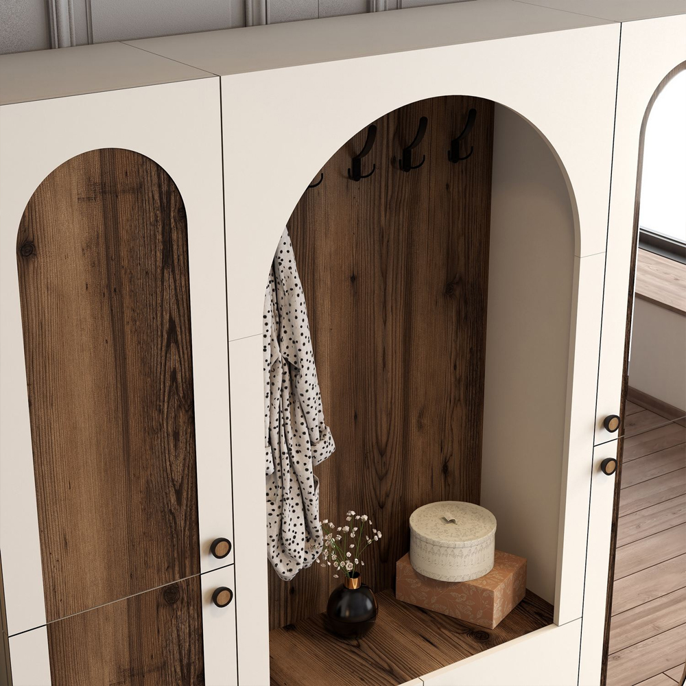 Nordo Wooden Hallway Funiture with Mirror in Cream and Walnut