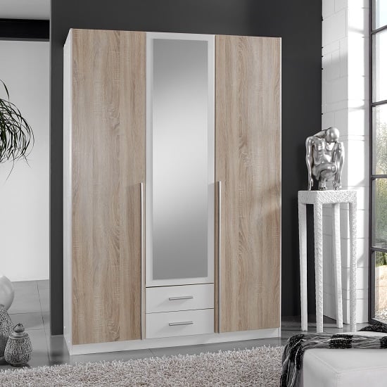 Norell 3 Doors Mirrored Wardrobe In White And Oak Effect