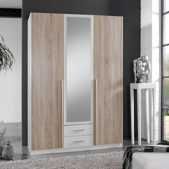 Read more about Norell 3 doors mirrored wardrobe in white and oak effect