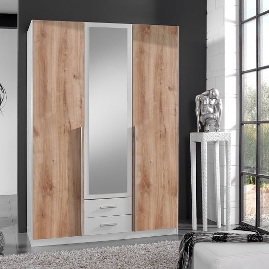 Norell 3 Doors Mirrored Wardrobe In White And Planked Oak Effect_1