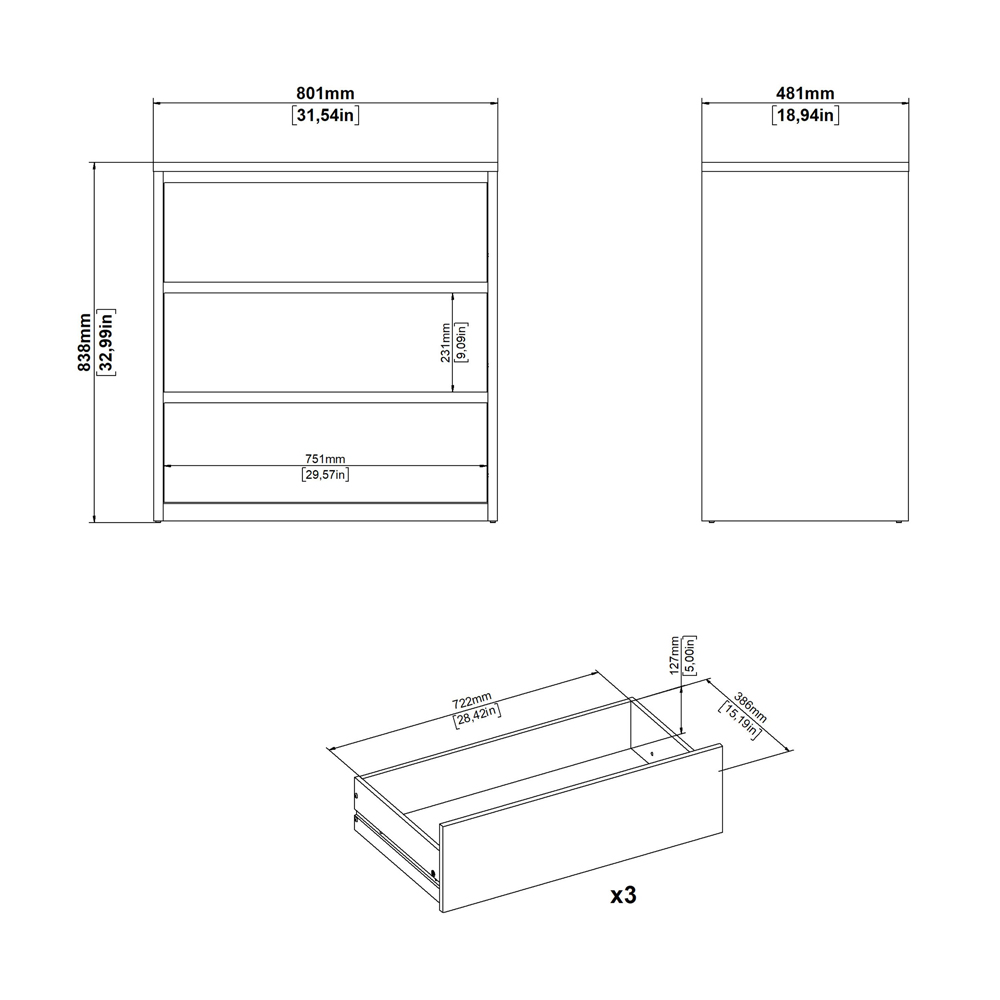 Norfolk Wooden Chest Of 3 White Gloss Drawers In Jackson Hickory