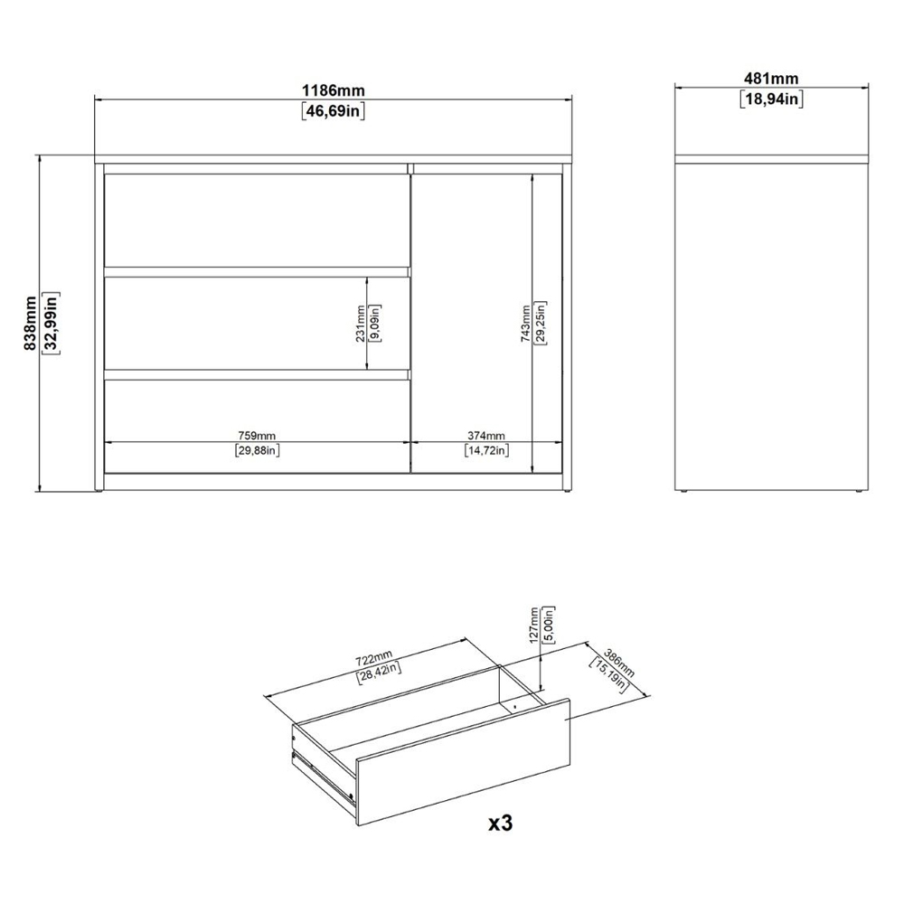 Norfolk Wooden Sideboard With 1 Door 3 Drawers In White