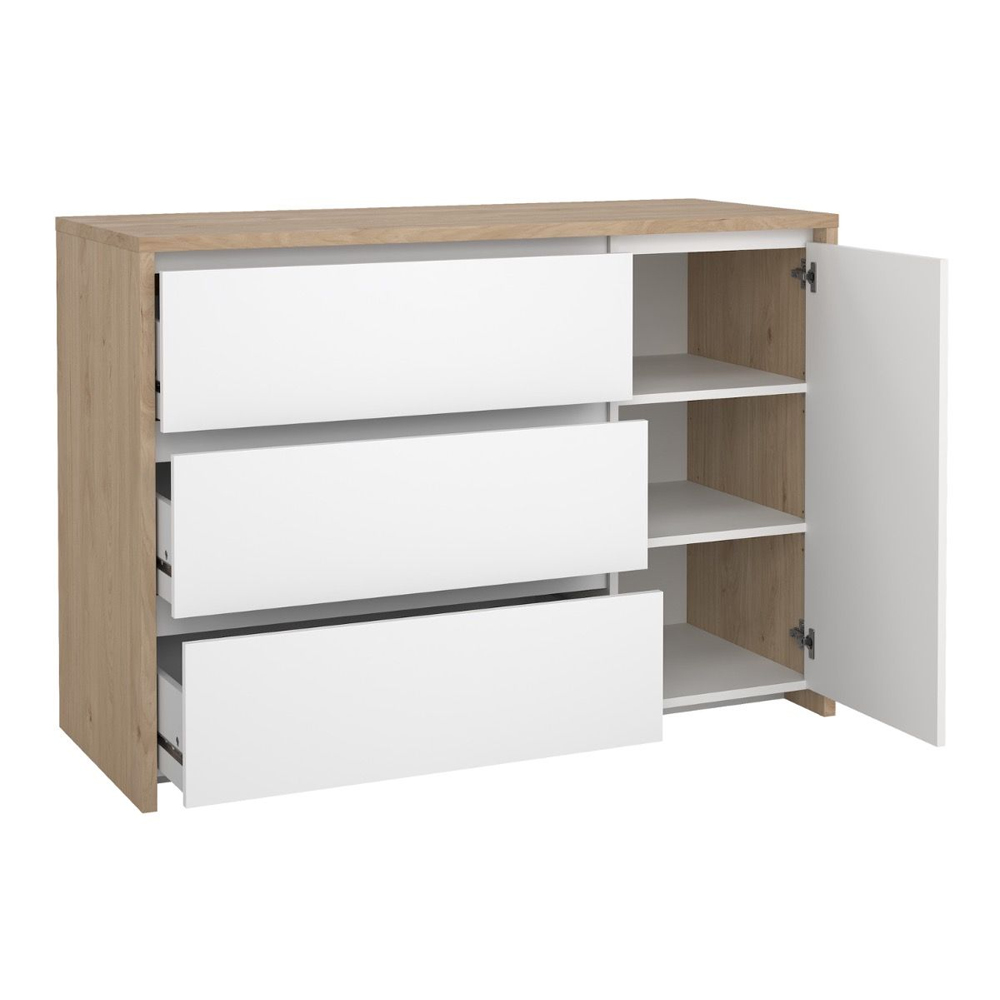 Norfolk Wooden Sideboard With 3 White Gloss Drawers In Hickory