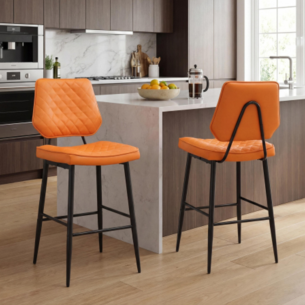 Norham Orange Real Leather Bar Stools in Pair
