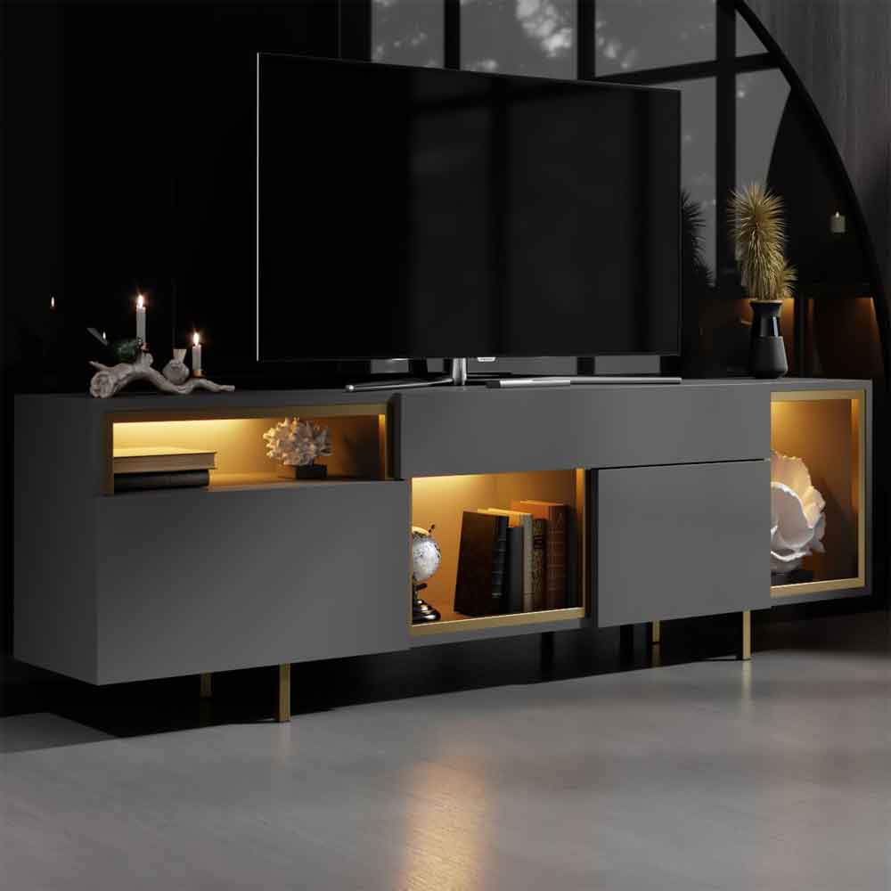 Norm Wooden LED TV Stand with 2 Doors in Anthracite and Gold
