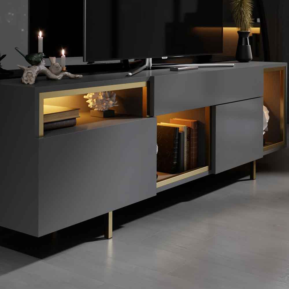 Norm Wooden LED TV Stand with 2 Doors in Anthracite and Gold