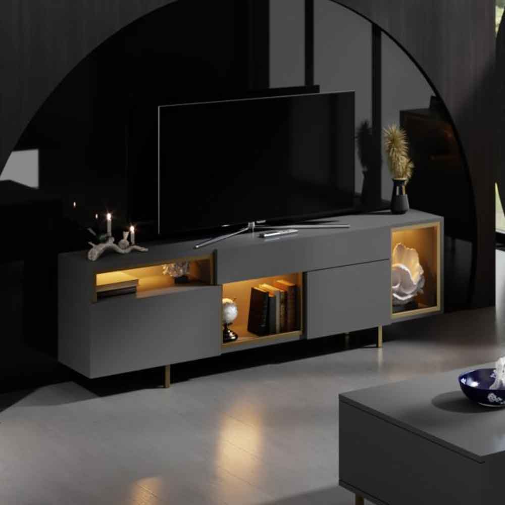 Norm Wooden LED TV Stand with 2 Doors in Anthracite and Gold