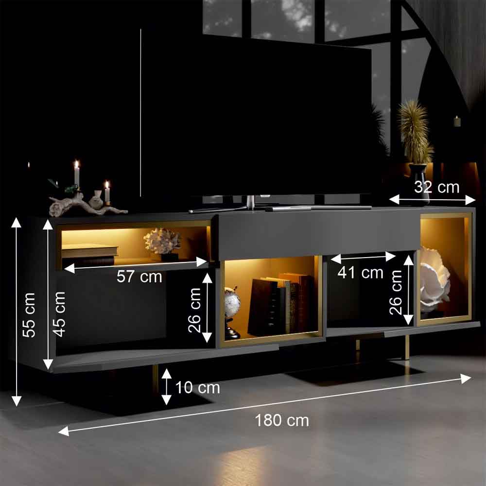 Norm Wooden LED TV Stand with 2 Doors in Anthracite and Gold