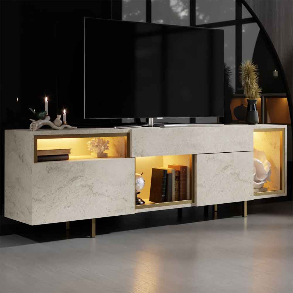 Norm Wooden LED TV Stand with 2 Doors in Travertine Marble Effect and Gold
