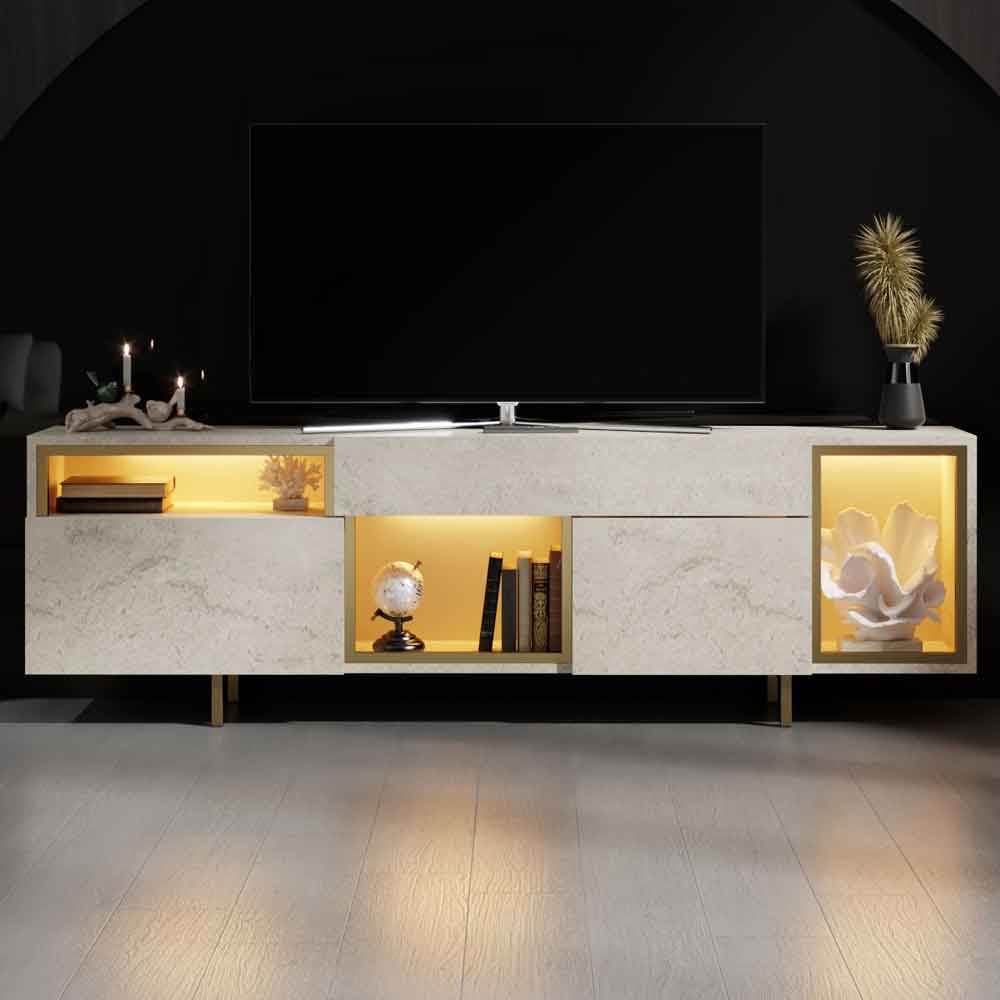 Norm Wooden LED TV Stand with 2 Doors in Travertine Marble Effect and Gold