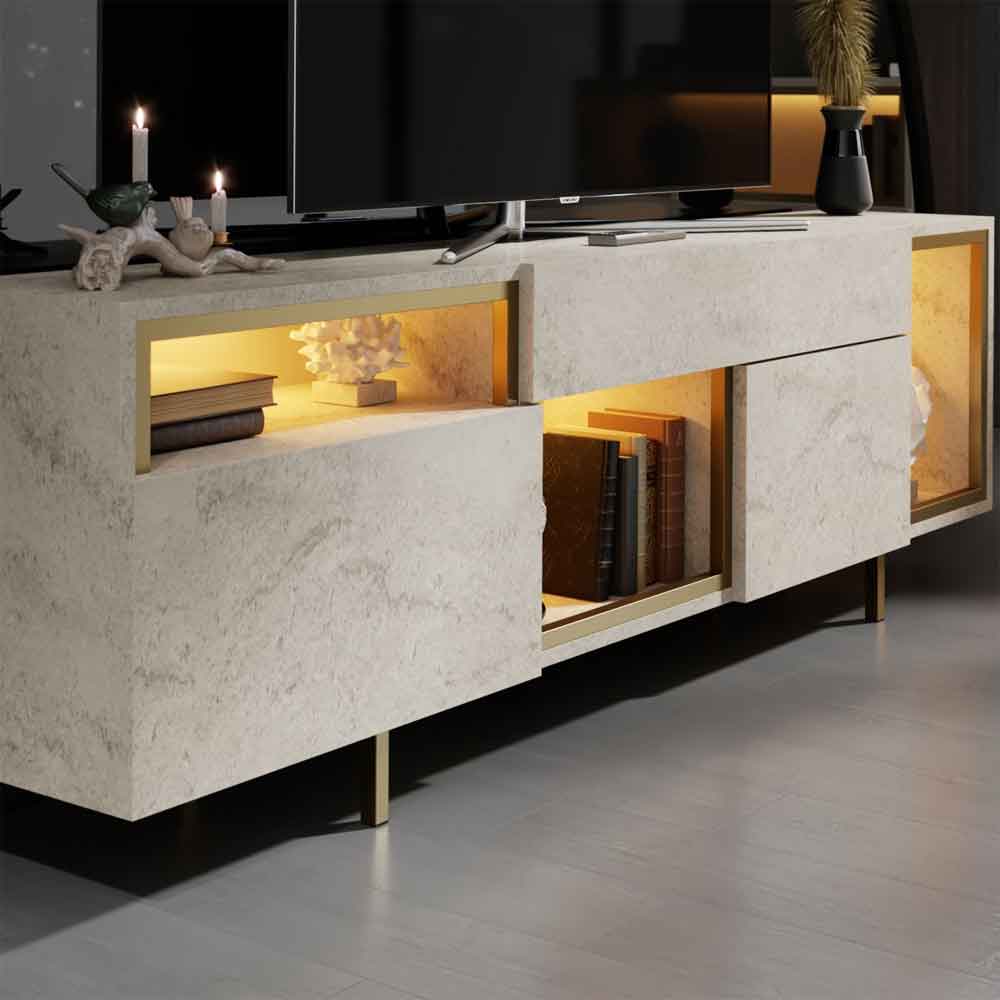 Norm Wooden LED TV Stand with 2 Doors in Travertine Marble Effect and Gold