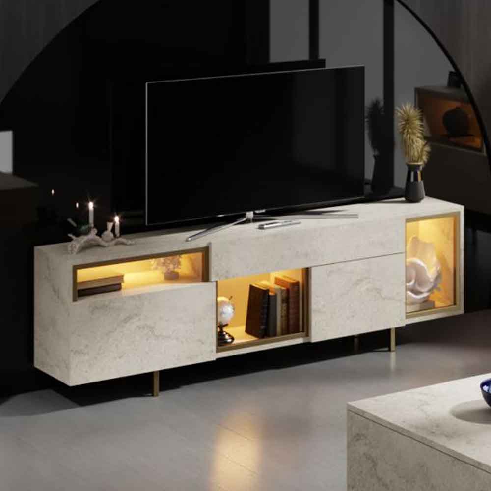 Norm Wooden LED TV Stand with 2 Doors in Travertine Marble Effect and Gold