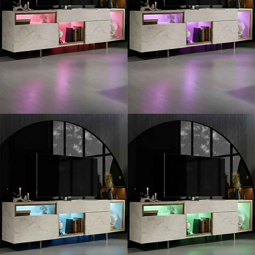 Norm Wooden LED TV Stand with 2 Doors in Travertine Marble Effect and Gold