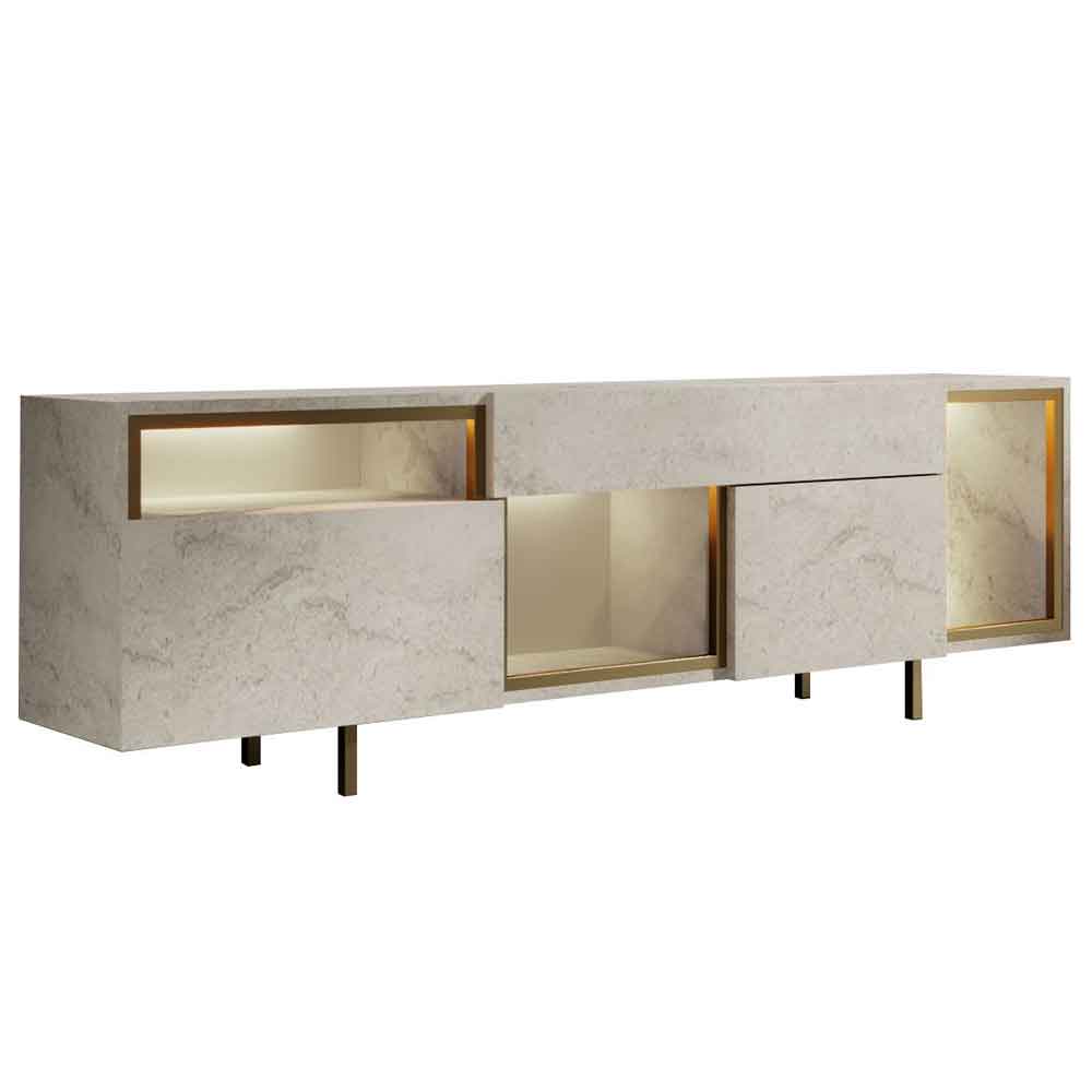Norm Wooden LED TV Stand with 2 Doors in Travertine Marble Effect and Gold