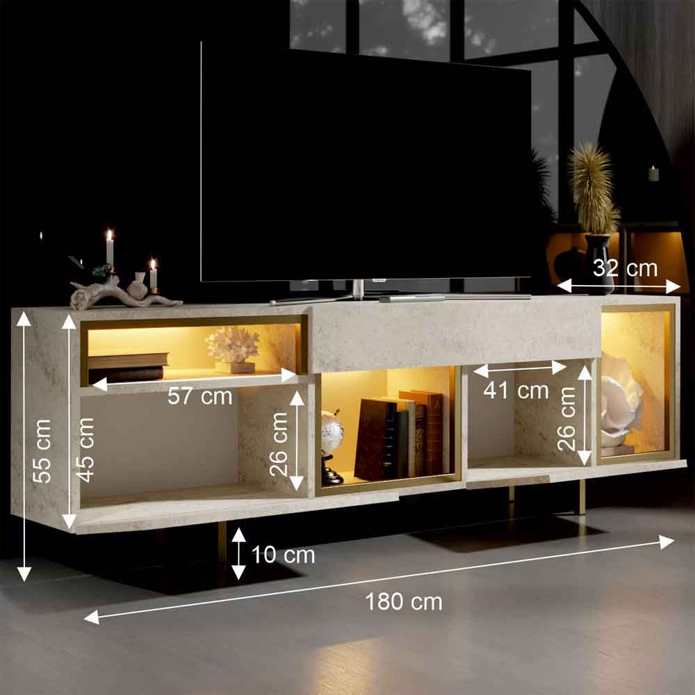 Norm Wooden LED TV Stand with 2 Doors in Travertine Marble Effect and Gold