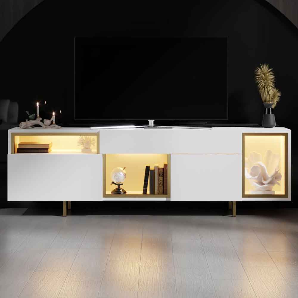 Norm Wooden LED TV Stand with 2 Doors in White and Gold