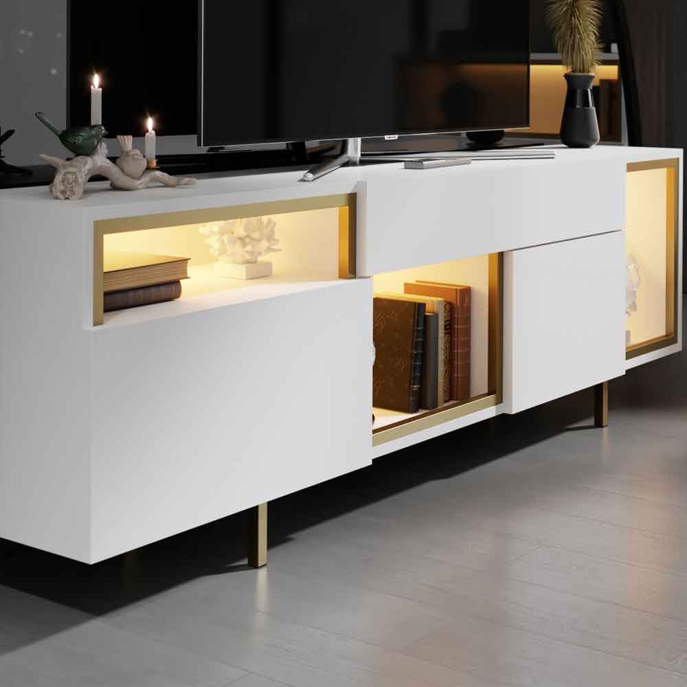 Norm Wooden LED TV Stand with 2 Doors in White and Gold