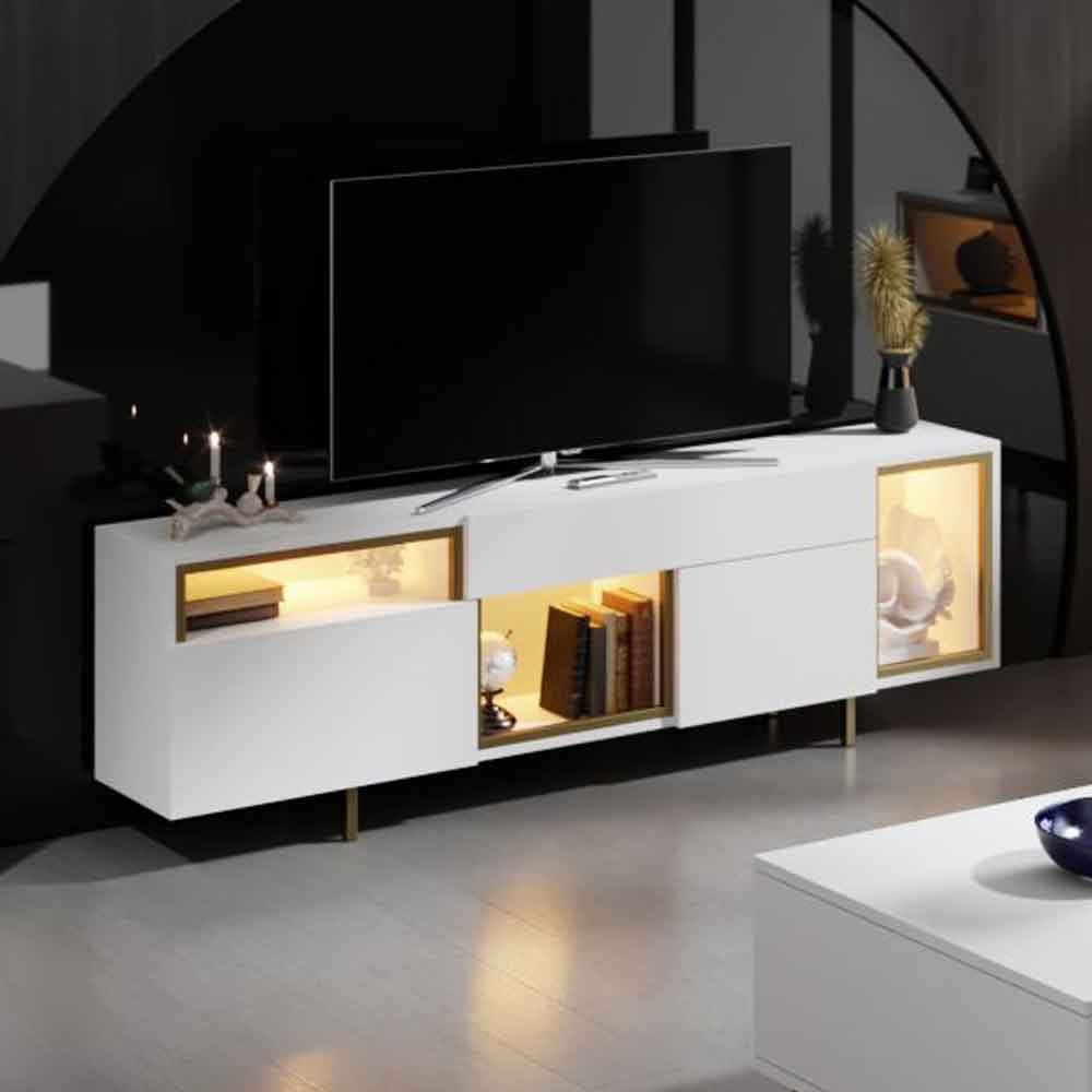 Norm Wooden LED TV Stand with 2 Doors in White and Gold