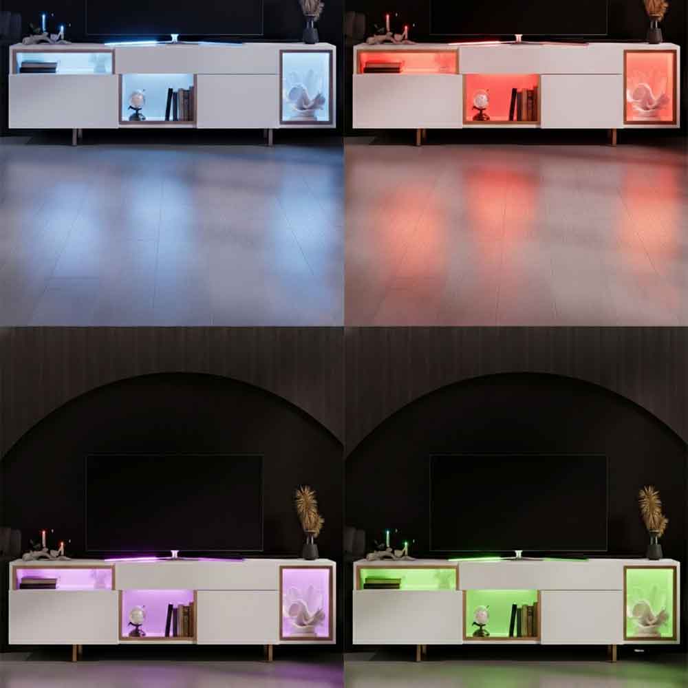 Norm Wooden LED TV Stand with 2 Doors in White and Gold