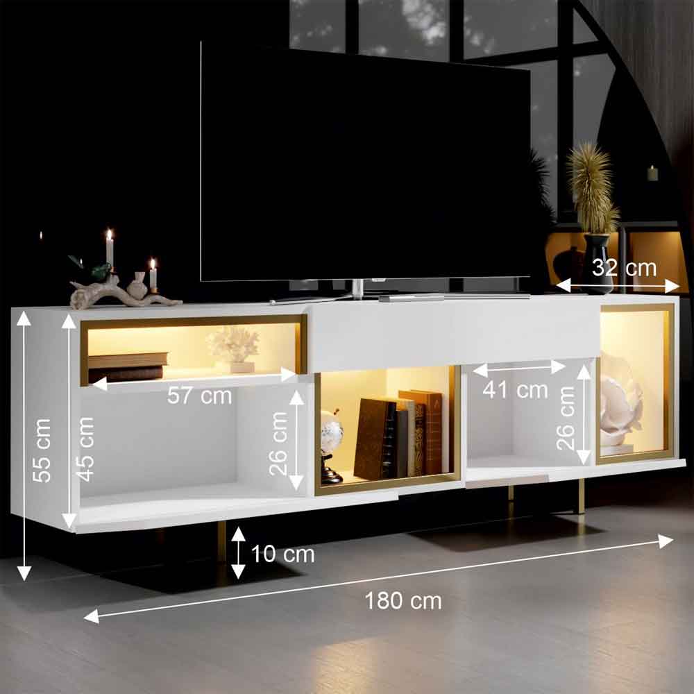 Norm Wooden LED TV Stand with 2 Doors in White and Gold