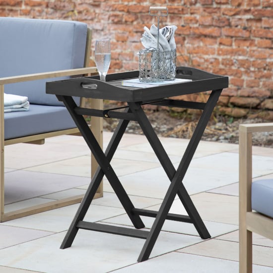 Product photograph of Norris Outdoor Acacia Wood Tray Side Table In Charcoal from Furniture in Fashion