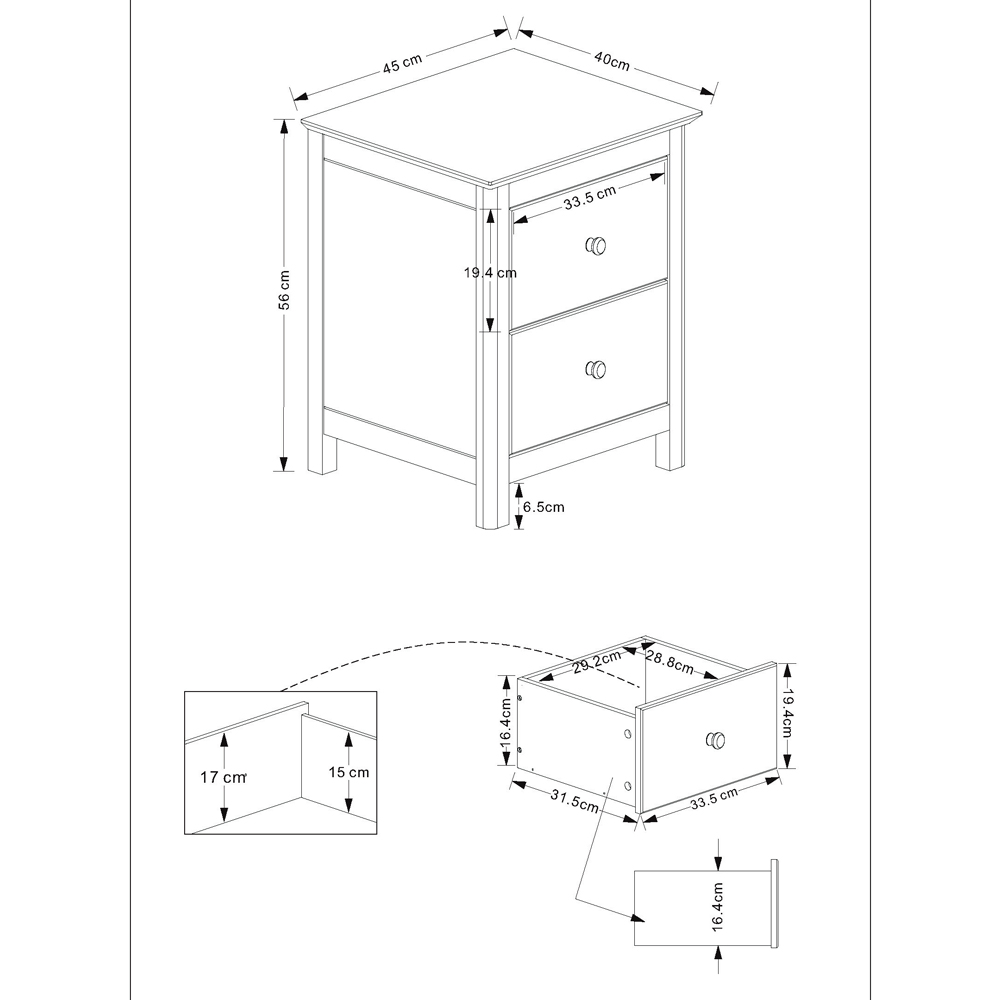 Norton Large Wooden Bedside Cabinet With 2 Drawers - White