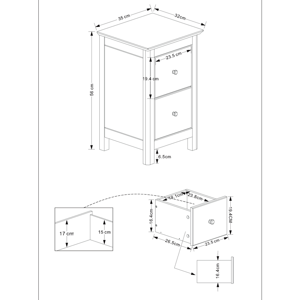 Norton Small Wooden Bedside Cabinet With 2 Drawers - White