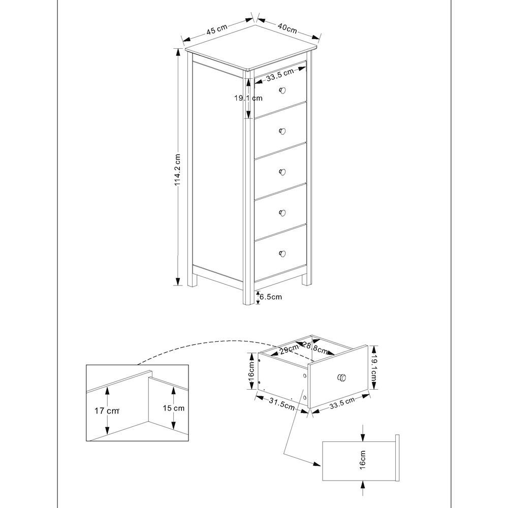 Norton Tall Wooden Chest Of 5 Drawers - White