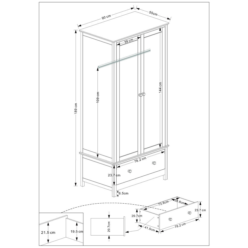 Norton Wooden Wardrobe 2 Drawers - White