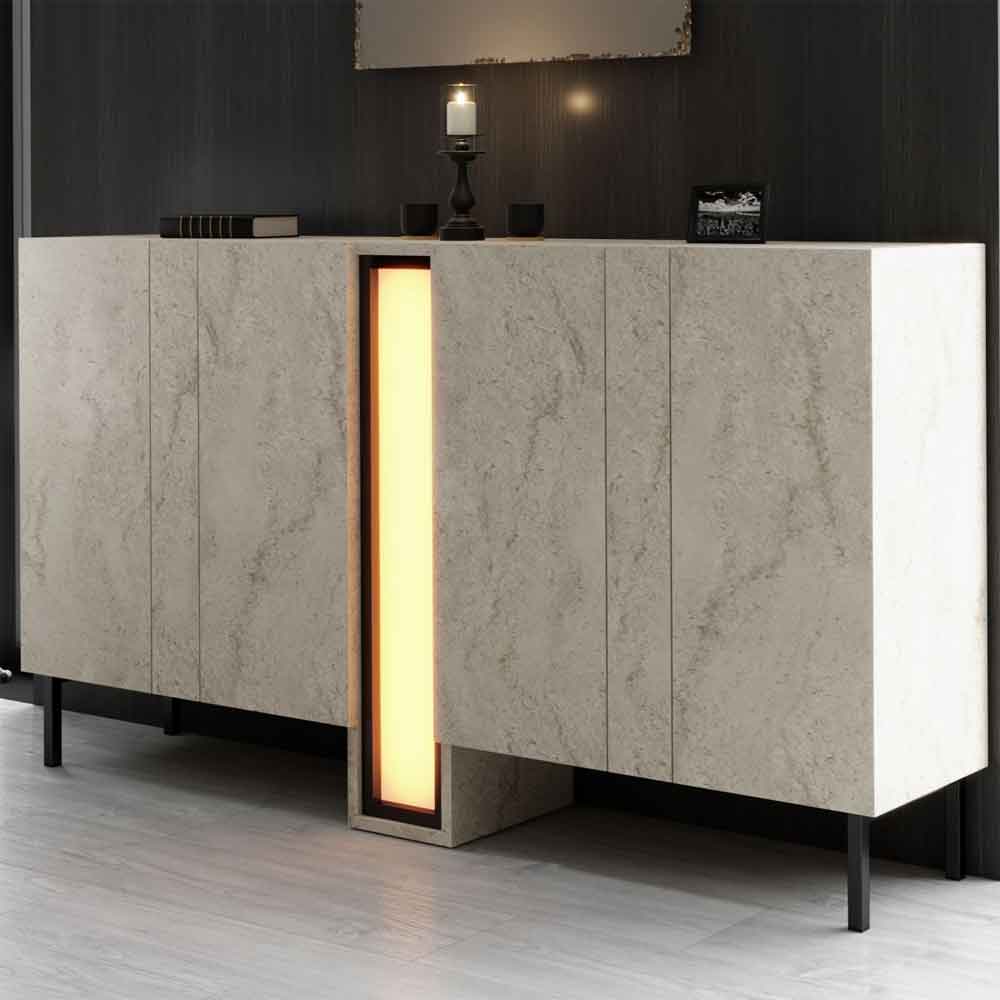 Nova Wooden LED Sideboard with 4 Doors in Travertine Marble Effect