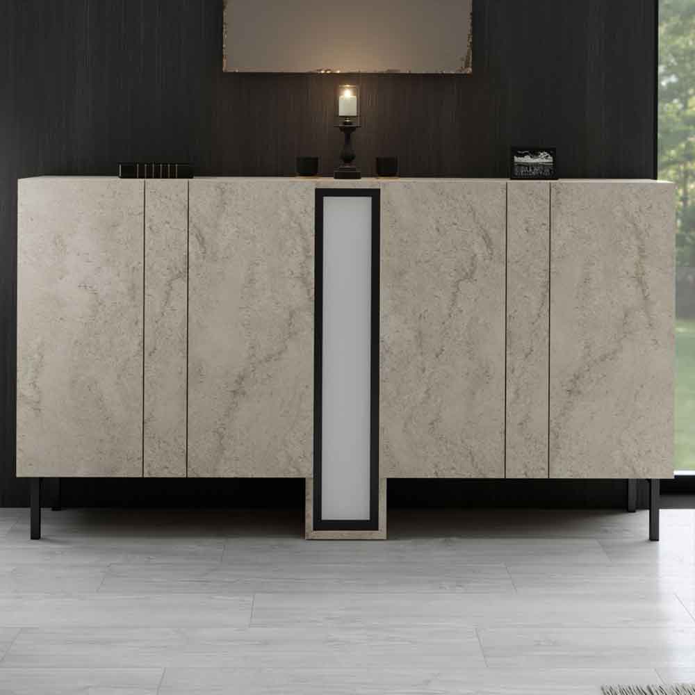 Nova Wooden LED Sideboard with 4 Doors in Travertine Marble Effect
