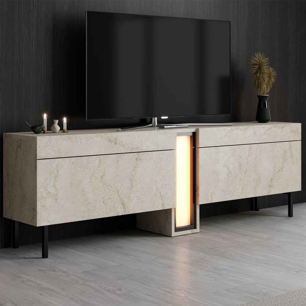 Nova Wooden LED TV Stand with 2 Doors in Travertine Marble Effect