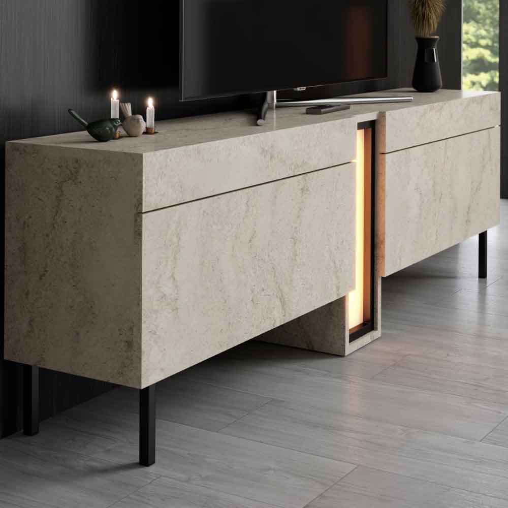 Nova Wooden LED TV Stand with 2 Doors in Travertine Marble Effect