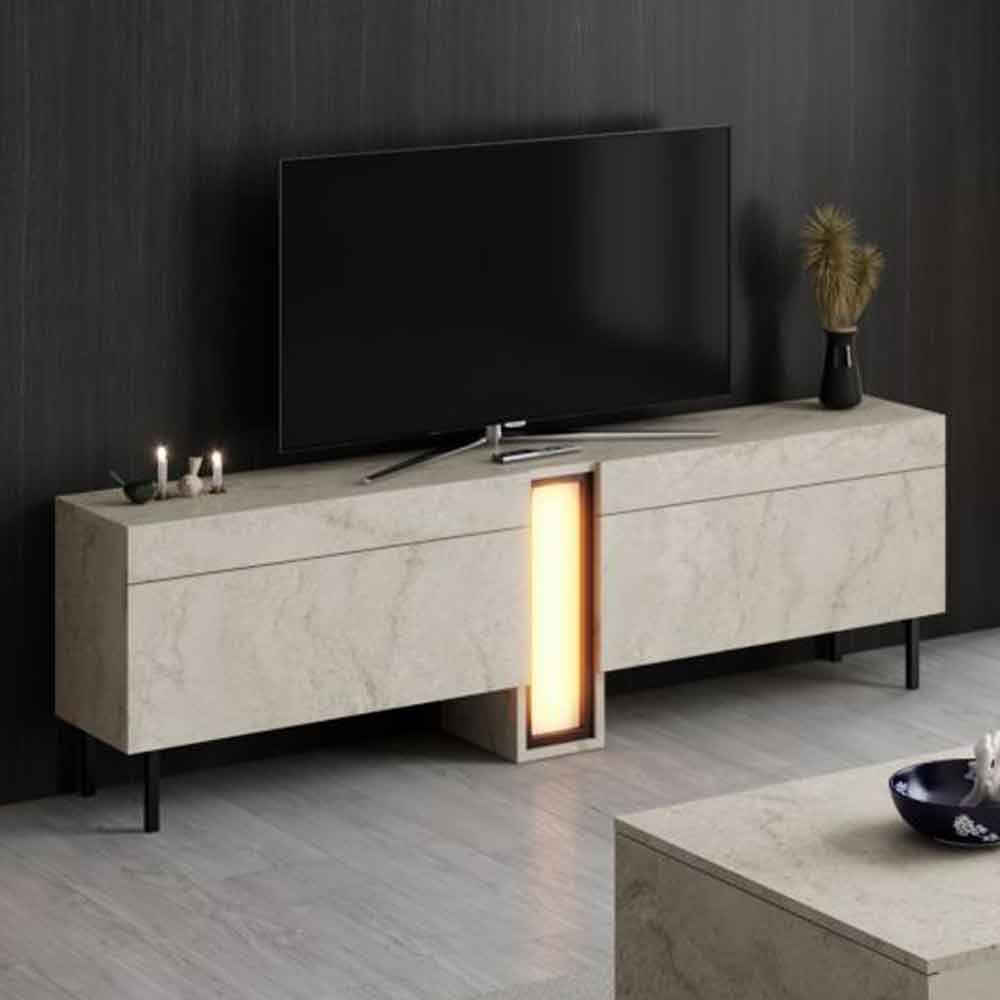 Nova Wooden LED TV Stand with 2 Doors in Travertine Marble Effect