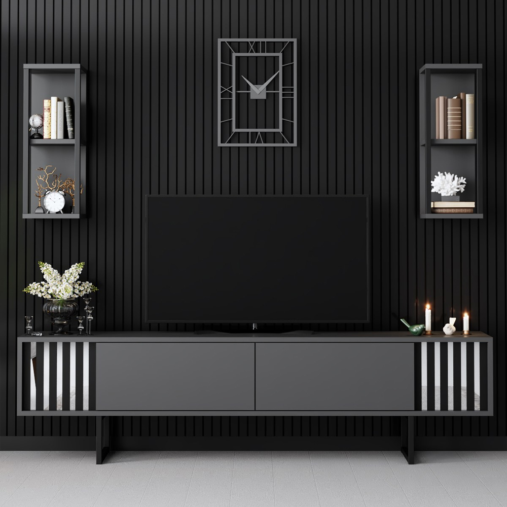 Novara Wooden Entertainment Unit With 2 Wall Shelves Anthracite And Black