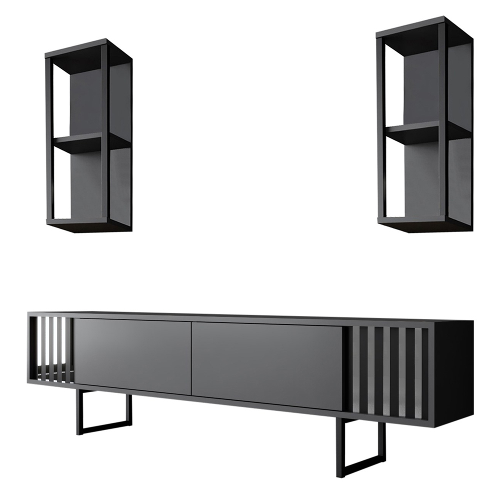 Novara Wooden Entertainment Unit With 2 Wall Shelves Anthracite And Black