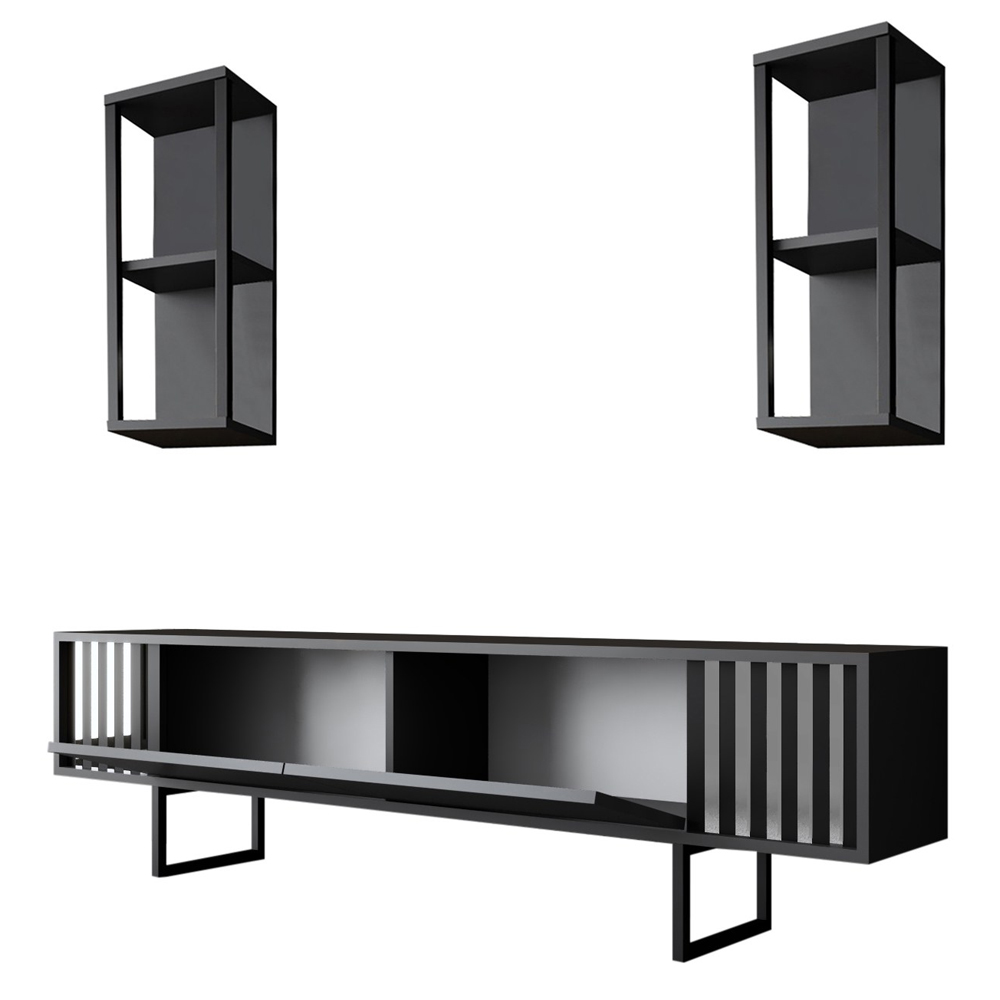 Novara Wooden Entertainment Unit With 2 Wall Shelves Anthracite And Black