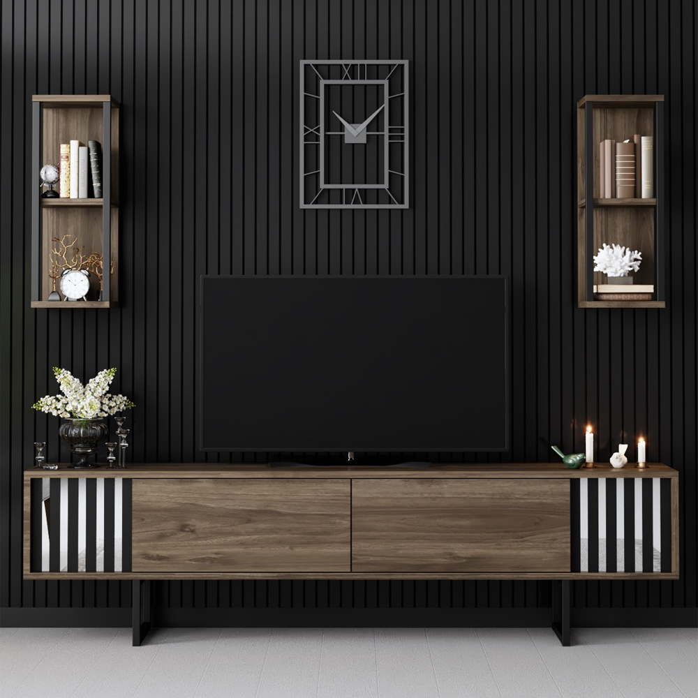 Novara Wooden Entertainment Unit With 2 Wall Shelves Walnut And Black