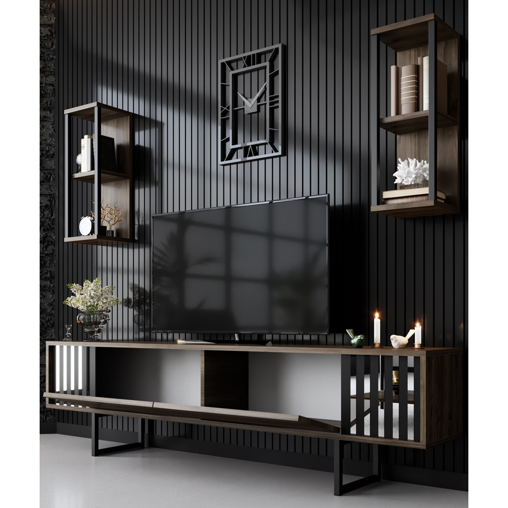 Novara Wooden Entertainment Unit With 2 Wall Shelves Walnut And Black
