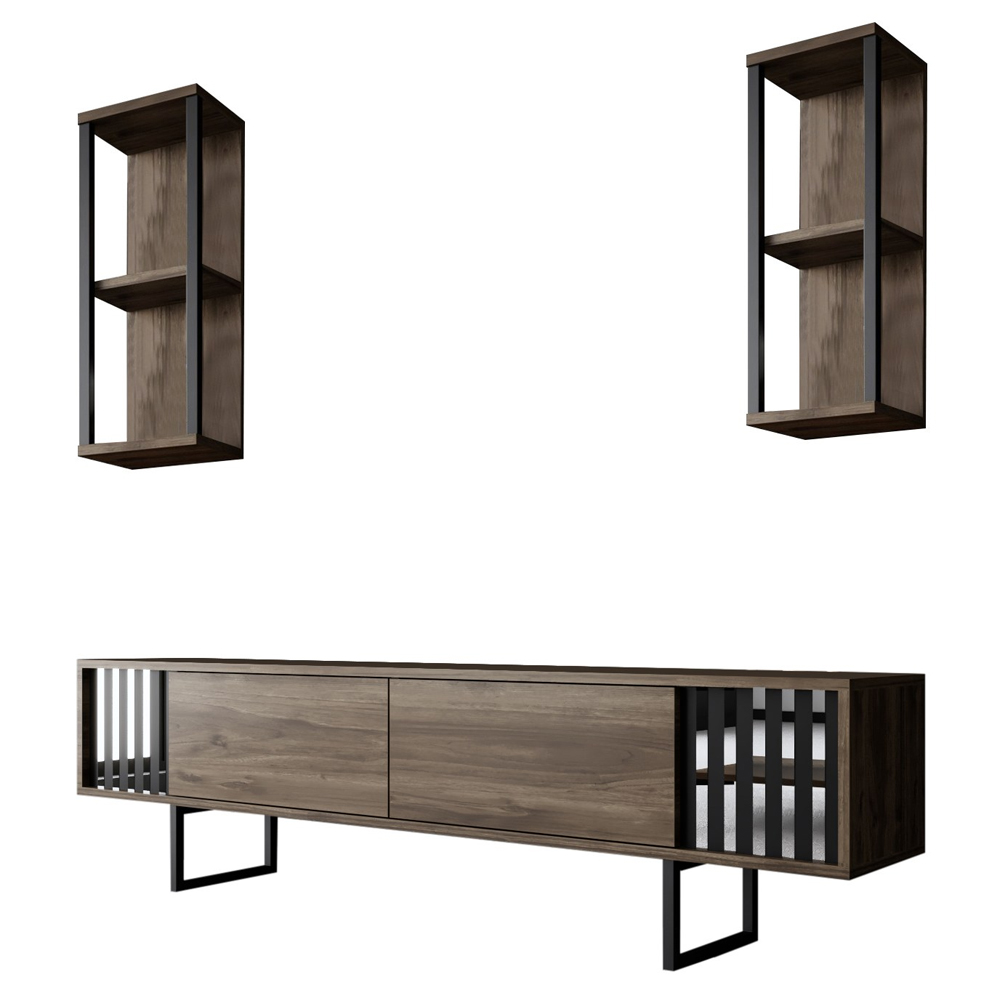 Novara Wooden Entertainment Unit With 2 Wall Shelves Walnut And Black